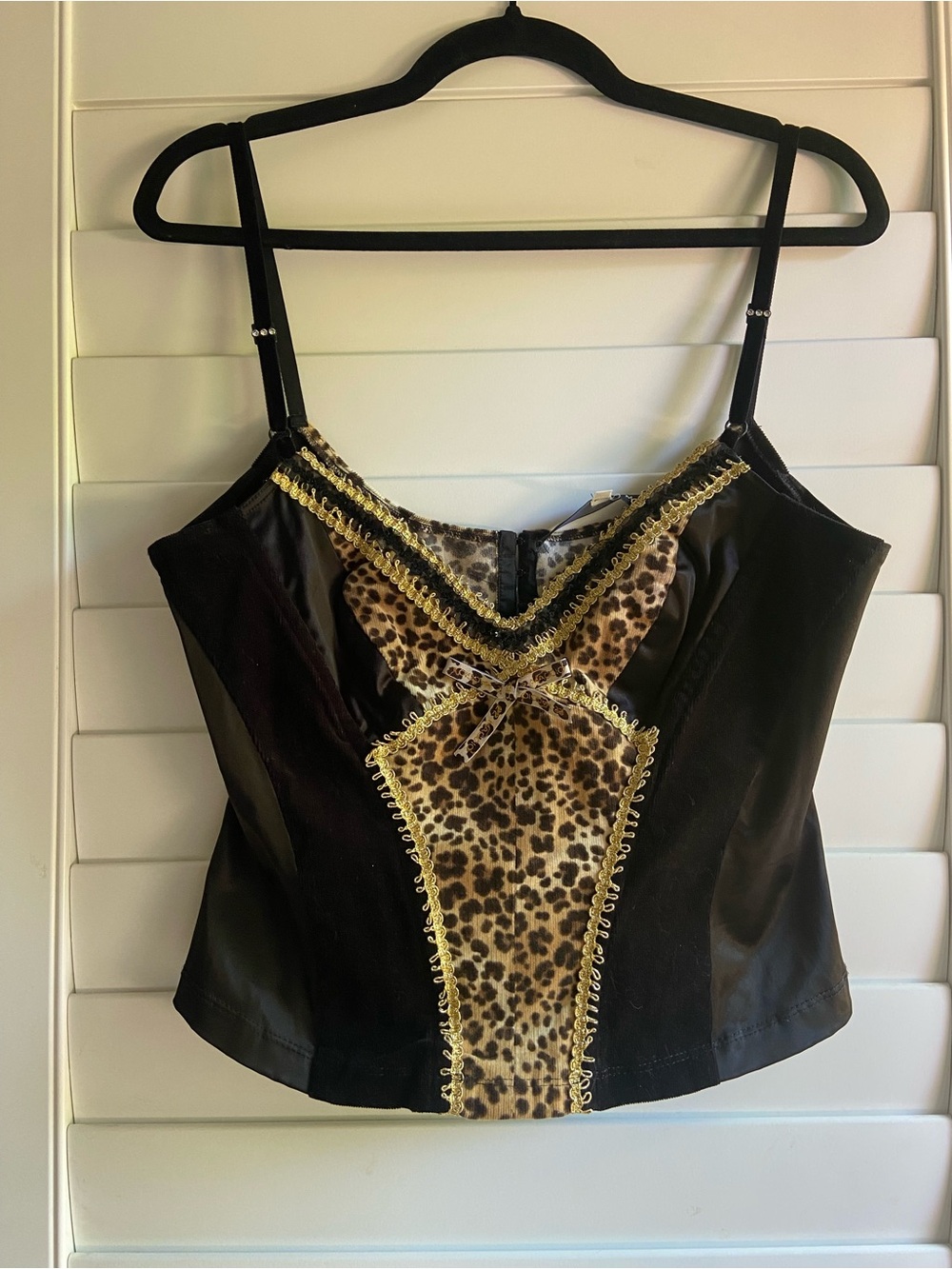 Black Satin Cami with Leopard-Print Panel and Gold Trim